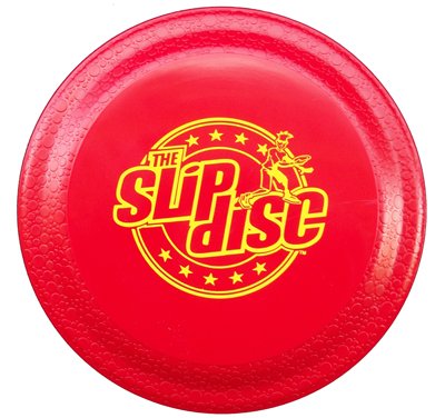 Red flying disc with yellow Slip Disc logo