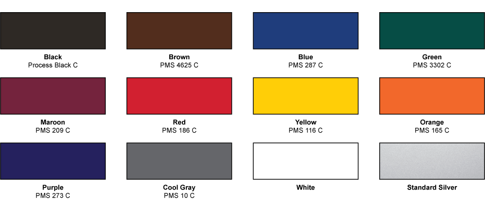 Grid of standard color options with silver finish