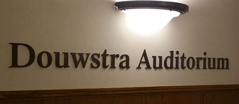 Acrylic cut-out letters spelling "Douwstra Auditorium"