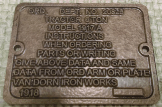 Closeup of zinc-etched data tag for tank recreation