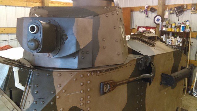 Front view closeup of recreation M1917 tank in workshop