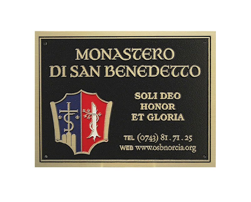 Black magnesium Monastero di San Benedetto plaque with color-filled seal