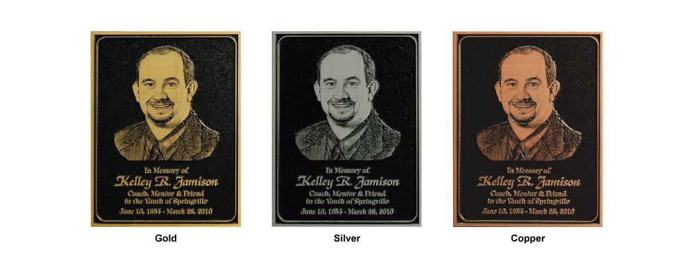 Side by side comparisons of plaques with gold, silver, and copper protective finishes