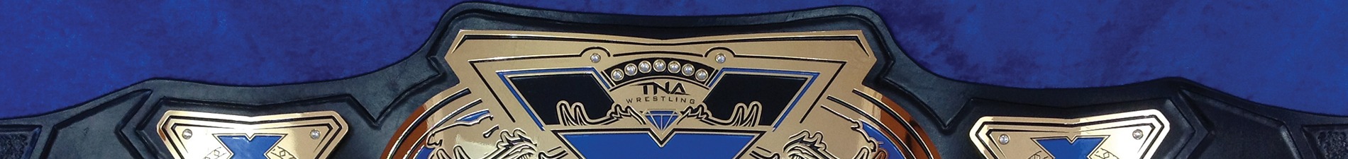 Header image closeup of leather and etched zinc championship belt with blue color-filling