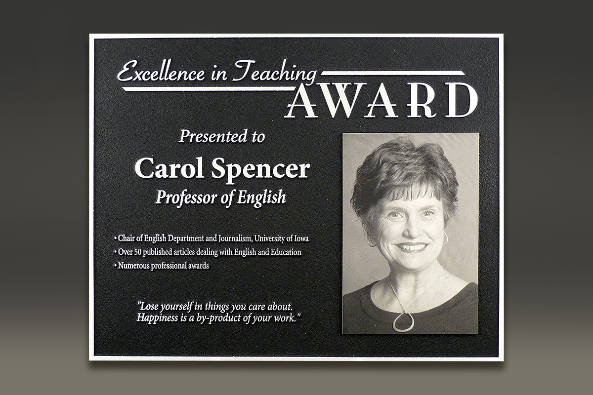 Black Excellence in Teaching plaque with Metalphoto UV-printed photo of Carol Spencer