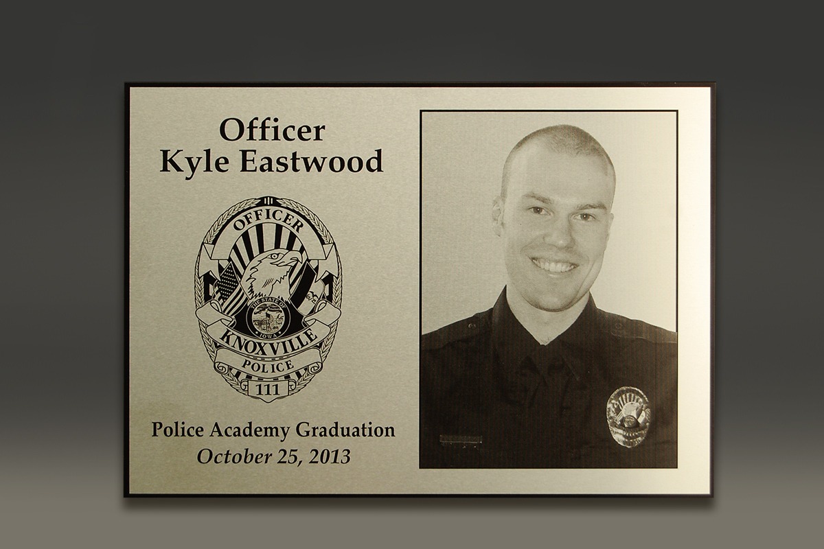 Metalphoto Police Academy graduation plaque with UV-printed photo of Officer Kyle Eastwood
