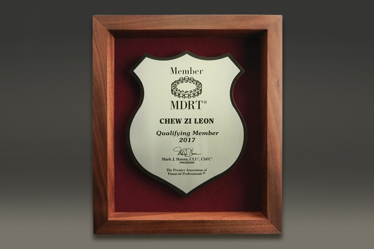 Shield-shaped MDRT Metalphoto plaque in wooden frame
