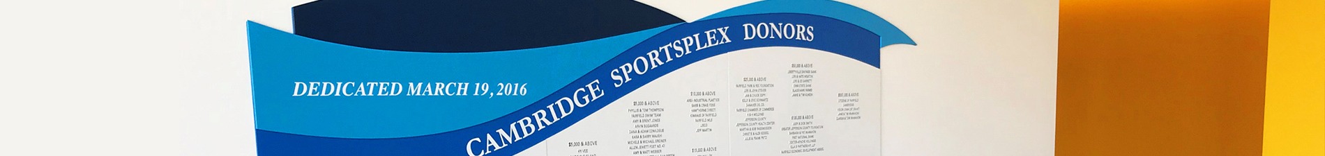 Header image of blue and white Cambridge Sportsplex donor wall