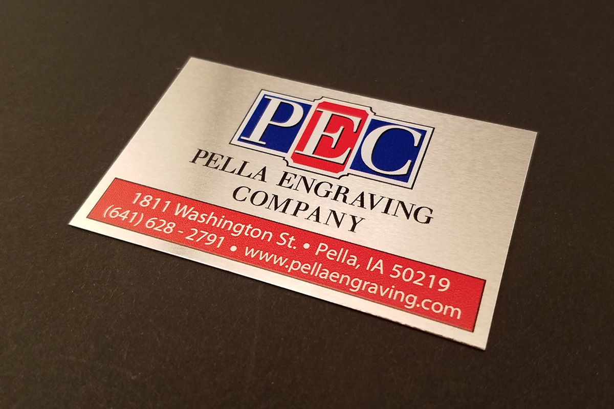 UV-printed silver aluminum tag with blue and red PEC logo and contact information