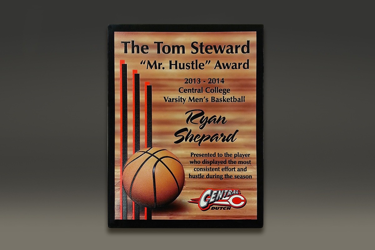 Central College Mr. Hustle plaque with UV-printed logo and basketball