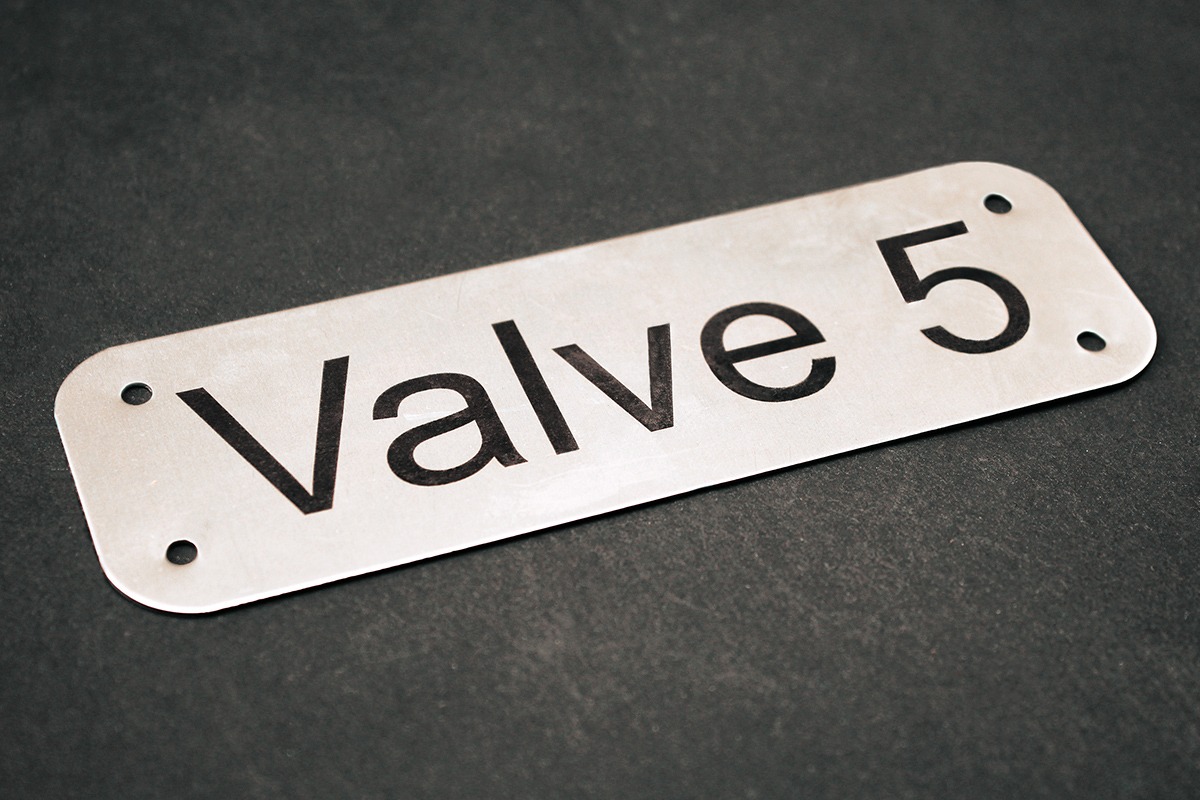 Valve 5 laser-marked on stainless steel industrial tag