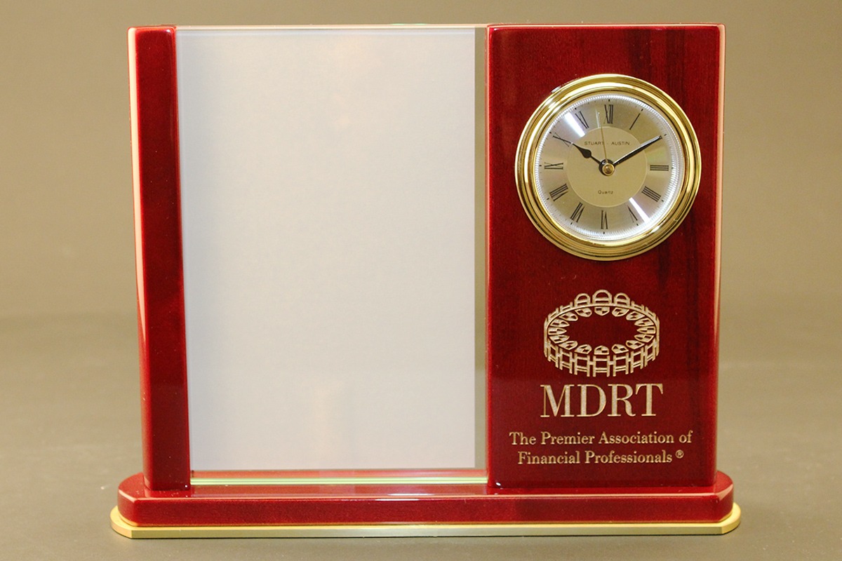 Wooden clock award laser-engraved with gold MDRT logo