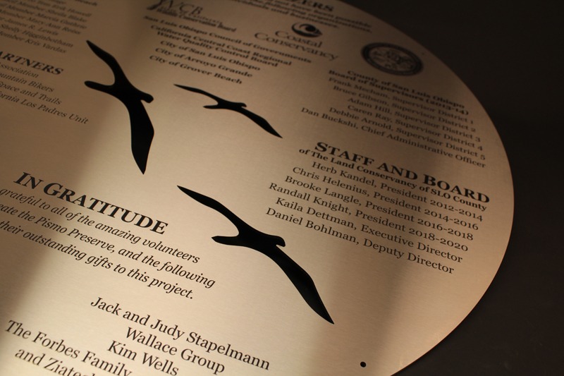 Pismo Preserve plaque with donor names and seagulls